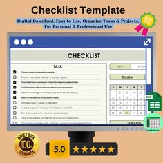 the checklist template is displayed on a computer screen with five star badges around it