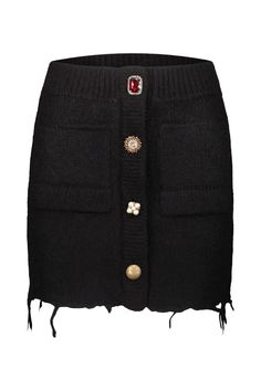 Vetements fancy button skirt in alpaca wool blend, crystal-cut, and faux-pearl buttons. Anti Fashion, Fancy Buttons, Button Skirt, Black Mini Skirt, Baby Alpaca, Pearl Buttons, Alpaca Wool, Luxury Boutique, World Of Fashion