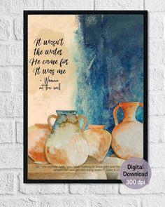 a painting on a brick wall with some vases in front of it and the words,