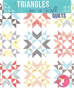 triangles on a roll quilt pattern with text overlaying the image and below it