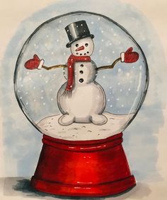 a painting of a snowman in a glass ball with red gloves and a top hat