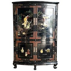 Discover the elegance of traditional Chinese craftsmanship with the Chinese Black Lacquered and Hand Painted Demi Lune Cabinet. Its elegant demi lune shape, enhanced with a rich black lacquer and intricate hand-painted designs, embodies the beauty of traditional Chinese art. Adorned with painted gold borders and exquisite stone inlays, this cabinet serves both as a functional storage piece and a stunning decorative element. Armoire Cabinet, Painting With Gold, Chinese Cabinet, Traditional Chinese Art, Art Chinois, Stone Inlay, Black Lacquer, Functional Storage, Traditional Chinese