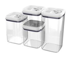 three containers with lids are shown on a white background