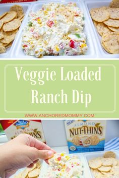 the veggie loaded ranch dip recipe is ready to be eaten and served with crackers