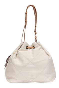 Hold everything and anything you wish in this leather bucket bag from Lanvin! Made with ultra-soft Italian leather, this large shoulder bag can hold even you largest daily essentials with ease. Whether you're going to the office, or just running errands, you can be sure that you'll have what you need. Made in Italy Soft quilted leather Silver-toned hardware Bucket style bag with drawstring closure Adjustable shoulder strap Two interior slip and zippered pocket Width 16" Height 13" Depth 6" Handl Versatile Cream Leather Shoulder Bag, White Leather Casual Hobo Bag, Versatile Cream Satchel Bucket Bag, Cream Leather Hobo Bag With Adjustable Strap, Versatile Cream Bucket Shoulder Bag, Versatile Cream Bucket Bag Satchel, Versatile Cream Bucket Bag Shaped As Satchel, Versatile Cream Leather Bag, Cream Leather Hobo Bag For Everyday