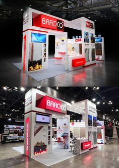 an exhibition stand with two different displays on it