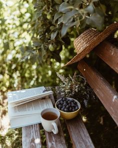 a cup of coffee sitting on top of a wooden bench next to a bowl of berries