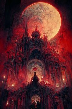 an artistic photo of a gothic cathedral with red lights and the moon in the background