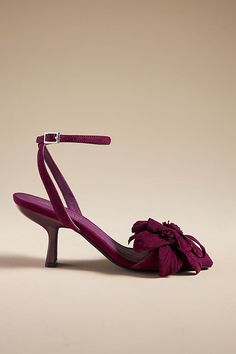 * Suede upper* Leather insole* Rubber sole* Plastic kitten heel* Tie styling* Imported Function Outfit, Upcoming Fashion Trends, Floral Embellishment, Suede Style, Purple Heels, Crystal Heels, Floral Sandals, Spot Lights, Vintage Heels