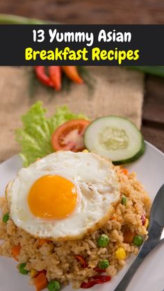 an egg is on top of rice with vegetables and cucumbers in the background