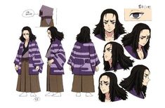 an anime character with long black hair and brown pants is shown in various poses, including the