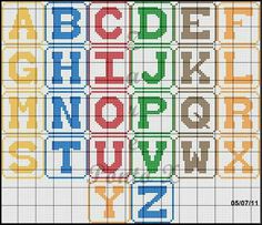 cross stitch alphabets with letters and numbers in different colors, including the letter's