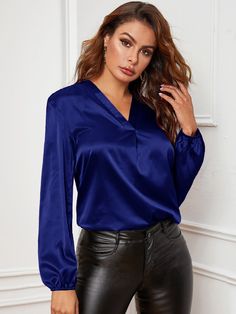 Navy Blue Elegant  Long Sleeve Satin Plain Top Embellished Non-Stretch Spring/Fall Women Tops, Blouses & Tee Long Sleeve Blouse Outfit, Blue Satin Top, Shiny Blouse, Pleather Pants, Girls Clothing Online, Satin Bluse, Satin Fashion, Gorgeous Blouses, Fashion Tops Blouse