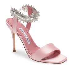 Manolo Blahnik Pink, Pink Satin Fabric, Diamond Heels, Square Toe Sandals, Pink Sandals, Embellished Sandals, Pink Style, Square Cut, Toe Sandals