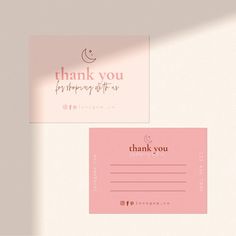 two pink business cards with the words thank you on them