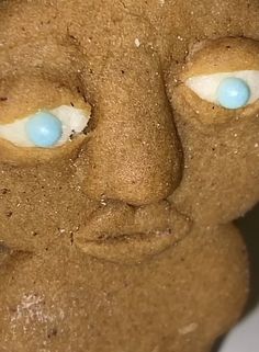 a close up of a cookie like animal with blue eyes