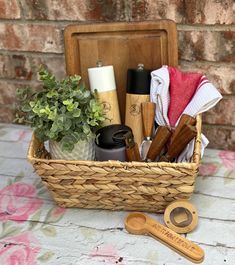 a basket filled with personal care items on top of a table next to a brick wall