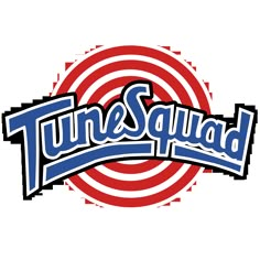 the tune squad logo is shown in blue, red and white on a black background