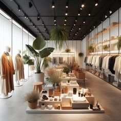 a clothing store filled with lots of clothes and plant pots on display next to each other