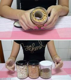 two pictures showing the same person holding a jar with food in it, and one shows how to open an empty canister