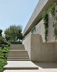 concrete steps leading up to a building with plants growing on the wall and below them