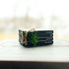 three books tied to each other on top of a wooden table next to a plant