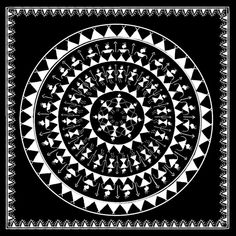 a black and white circular design with many small triangles in the center, on a black background