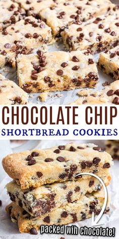 chocolate chip shortbread cookies stacked on top of each other with the title above it