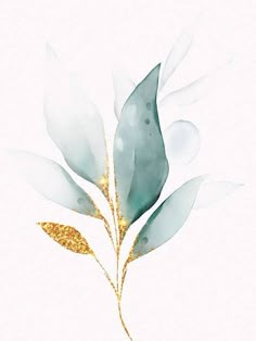 a white and gold painting with green leaves on the bottom, against a white background