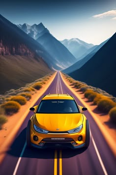 a yellow sports car driving down the road in front of mountains and hills with snow capped peaks