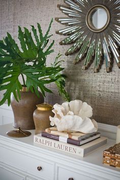 a white dresser topped with books and a potted plant next to a wall mirror