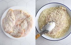 two bowls filled with meat and grated parmesan cheese next to each other