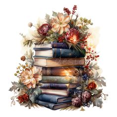 a stack of books sitting on top of each other with flowers and leaves around them