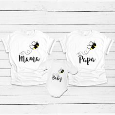 Mama Papa and Baby Bee Shirts, 3 Shirts Set, Bee Family Shirts, Pregnancy Announcement, Reveal Shirts, Baby Shower Gift, Mama Bee, Papa Bee Bee Baby Announcement, Bee Shirts, Pink Flamingo Birthday, Baby Announcement To Husband, Bee Family, Papa Baby, Flamingo Birthday Party, Flamingo Theme, Classic Clothing