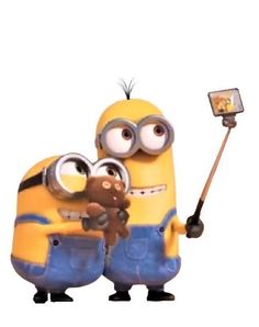 two minion characters are holding a cell phone in one hand and a stuffed animal in the other