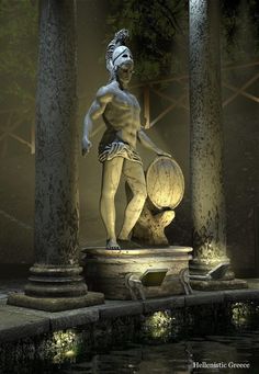 an artistic rendering of a man holding a basketball in front of some pillars and water