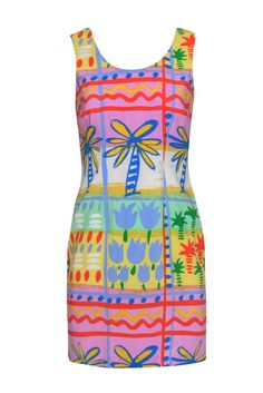 Bloomingdale's - Purple, Blue & Yellow Tropical Print Silk Dress Sz 6P Fitted Multicolor Dresses For Vacation, Fitted Printed Dress For Vacation, Retro Multicolor Print Summer Dress, Vintage Multicolor Print Summer Dress, Jimmy Buffet, Print Silk Dress, Colorful Bangles, Statement Earring, Strappy Wedges