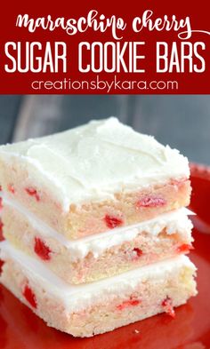 three pieces of strawberry cherry sugar cookie bars on a red plate with text overlay