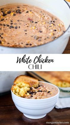 white chicken chili in a casserole dish with corn and black olives on the side