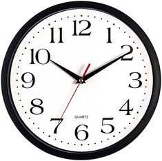 a black and white clock with red hands on a white background, showing the time eleven o'clock