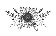 a black and white drawing of a sunflower with leaves on it's side