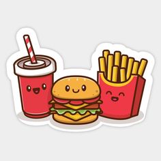 a hamburger and fries sticker on a white background with a drink in the foreground