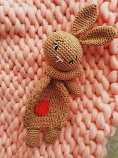 super cute brown lovey shaped crochet bunny with a red heart on the tummy Sew Lovey, Crochet Snuggler Pattern, Snuggler Crochet Pattern, Snuggler Pattern, Crochet Snuggler, Bunny Lovey, Lovey Pattern, Crochet Bunny Pattern, Bunny Crochet