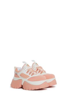 Make it a sweet day with these platform sneakers that have a vegan leather construction, a contrast colored design, treaded soles, cushioned insoles, peach graphics on the tongue, and front lace-up closures. Pink Platform Lace-up Sneakers, Pink Chunky Sneakers With Thick Bottom And Round Toe, Pink Low-top Thick Bottom Sneakers, Sporty Pink Sneakers With Thick Bottom, Pink Thick Bottom Sneakers For Streetwear, Spring Pink Chunky Sneakers With Thick Bottom, Pink Chunky Sneakers With Thick Bottom For Spring, Pink Low-top Platform Sneakers With Thick Bottom, Pink High-top Chunky Sneakers With Thick Bottom