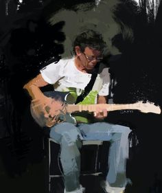 a painting of a man sitting on a chair playing an electric guitar with his right hand