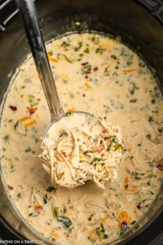 a ladle full of chicken and vegetable soup in a crock pot with a spoon