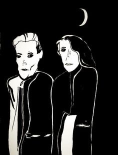 a black and white drawing of two people in front of a dark background with the moon behind them