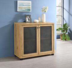 a wooden cabinet with glass doors in a blue room next to a potted plant