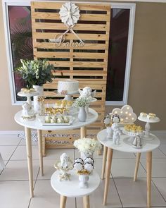 three tables with cakes and cupcakes on them