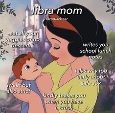 a woman holding a baby in her arms with the words, libra mom written on it